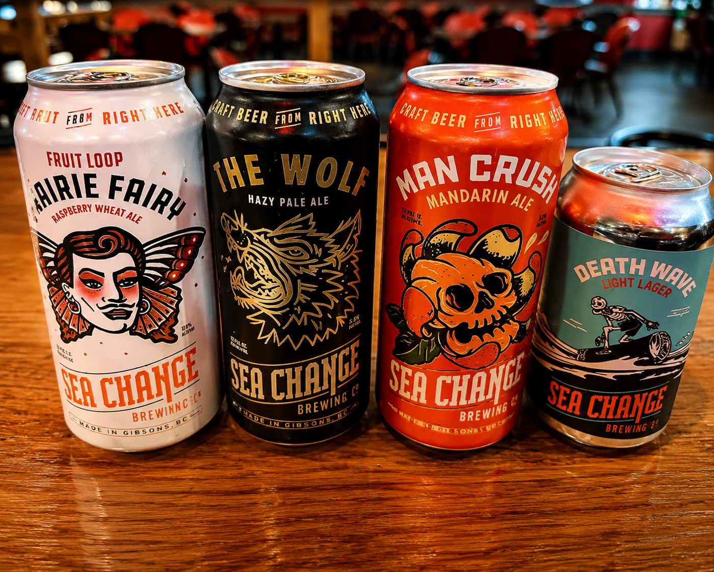 Craft beer cans from Sea Change Brewing