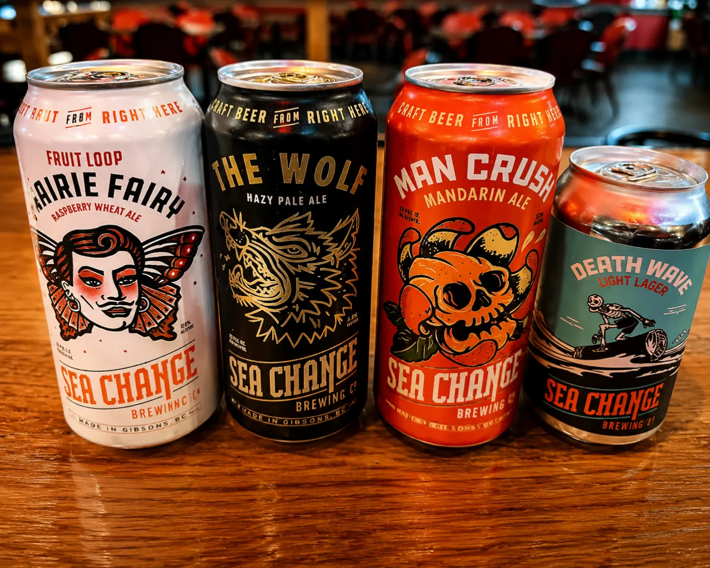Craft beer cans from Sea Change Brewing