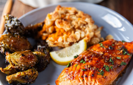 Grilled salmon and shrimp dinner
